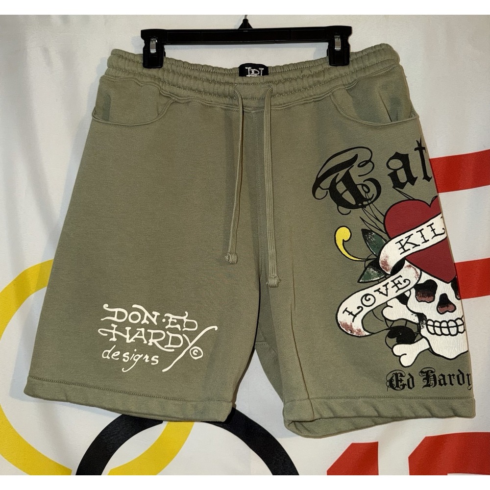 Ed Hardy Sweat Shorts Mens Large Green Skull Grunge